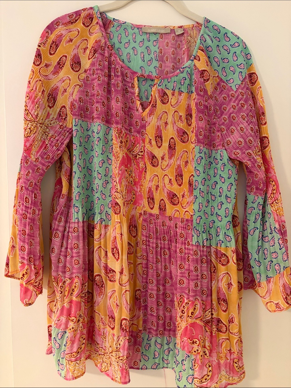 Sunny Leigh Patchwork Paisley Peasant Tunic in Pink, Yellow & Mint